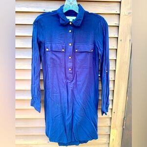 Michael Kors Navy blue shirt dress gold logo buttons adjustable sleeves Women S